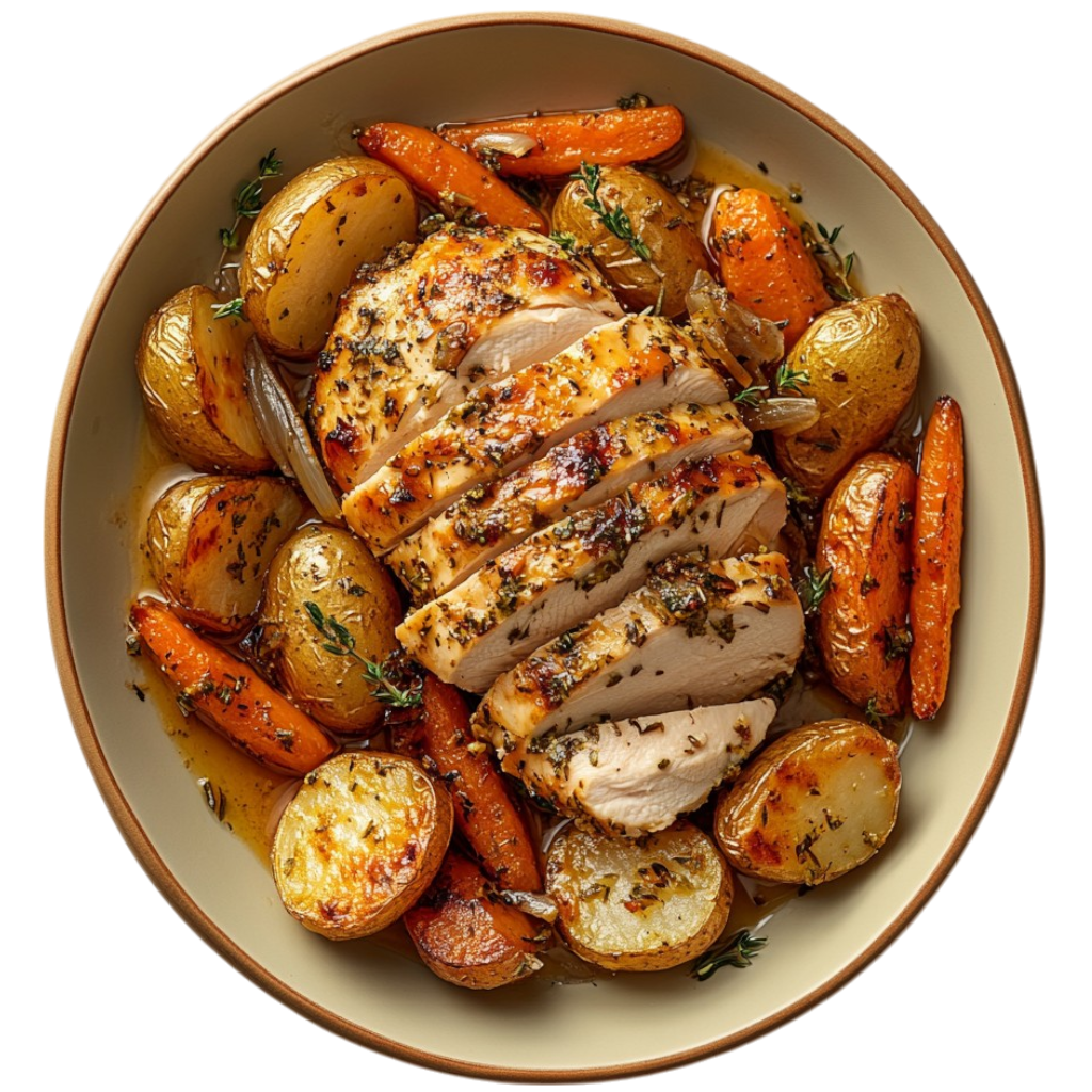 Poulet rôti aux herbes et légumes du marché