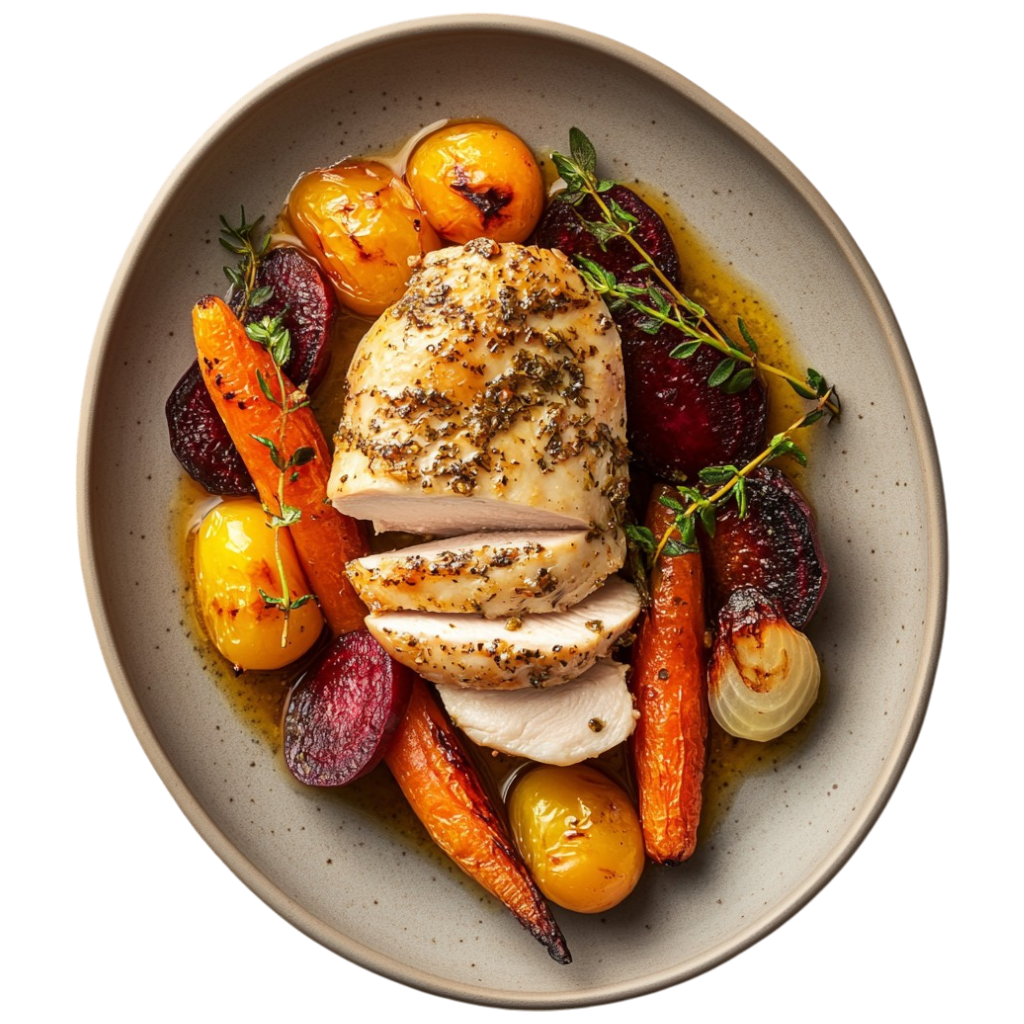Poulet rôti aux légumes racines caramélisés et tomates confites