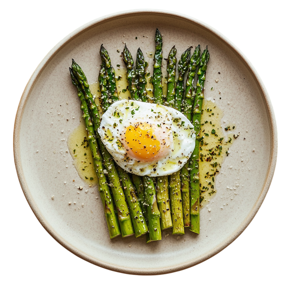 Asperges rôties au parmesan et œuf poché