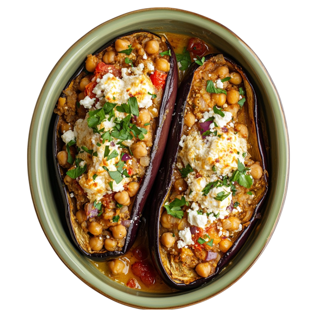 Aubergines farcies aux pois chiches et à la feta