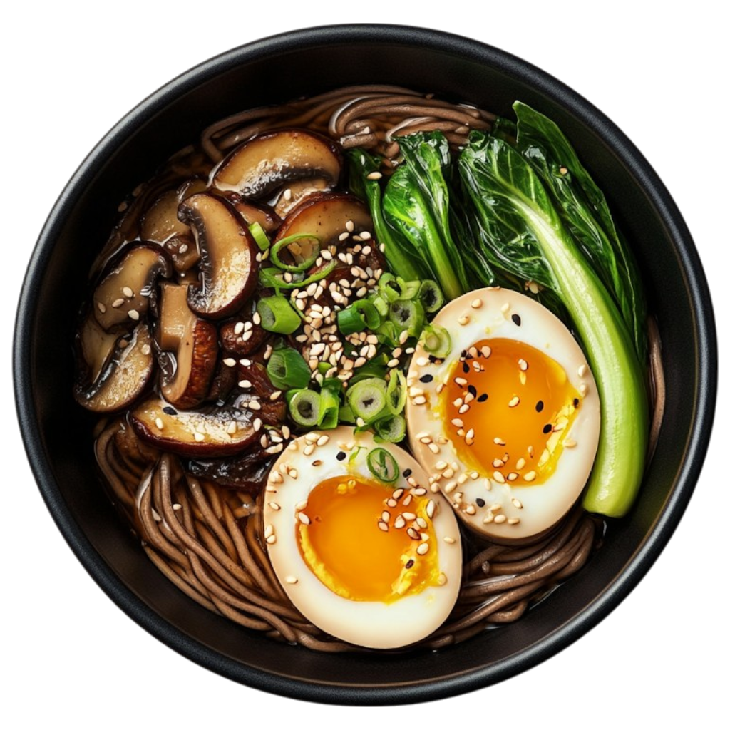 Bowl de nouilles soba aux champignons et œuf mollet