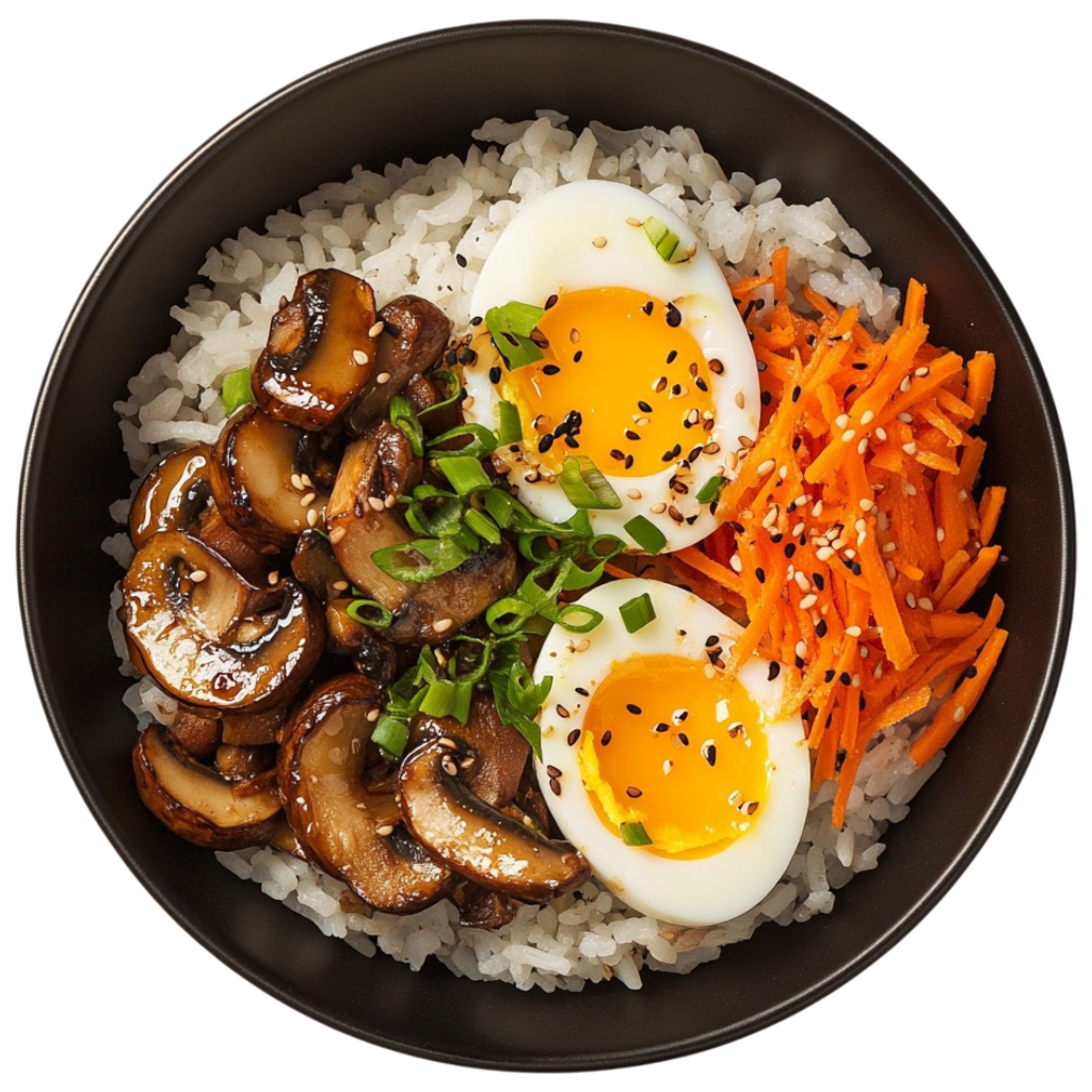 Bowl de riz aux œufs mollets et champignons