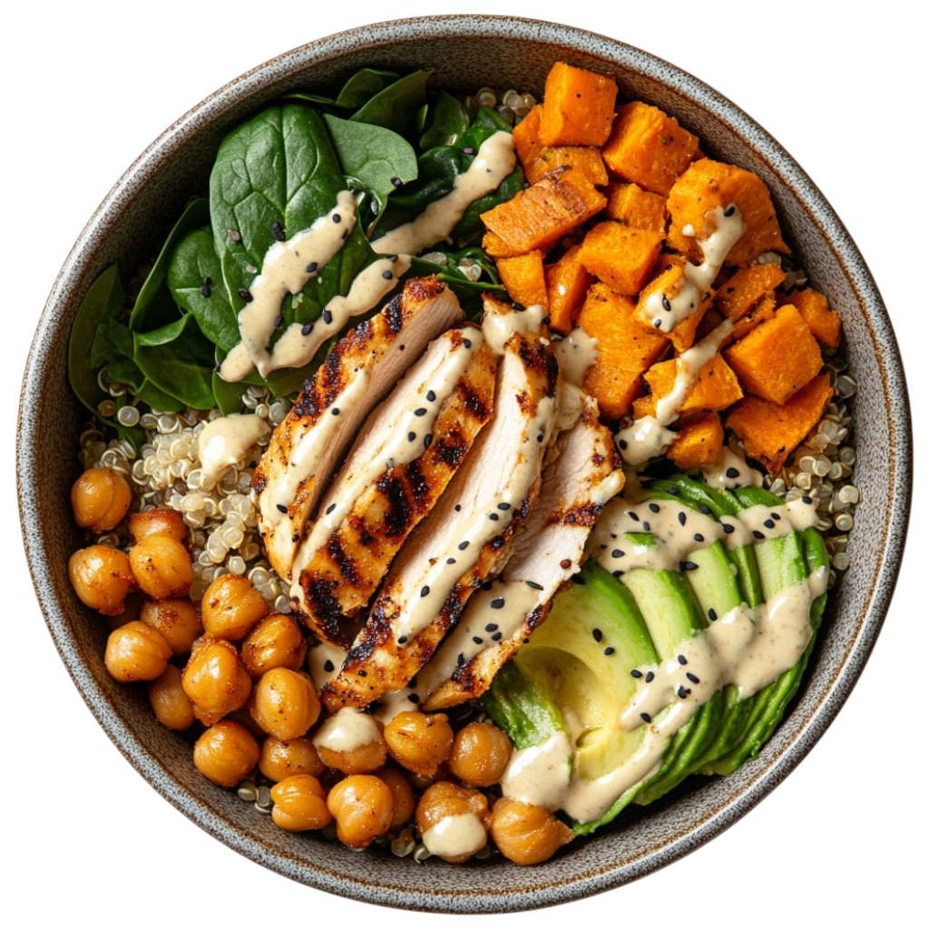 Buddha bowl au poulet mariné et légumes rôtis