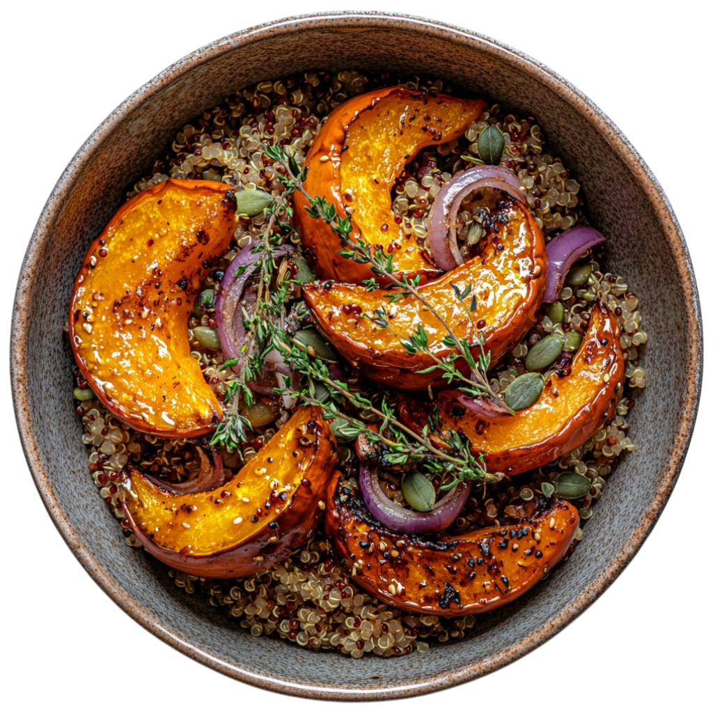 Courge butternut rôtie au miel, thym et quinoa
