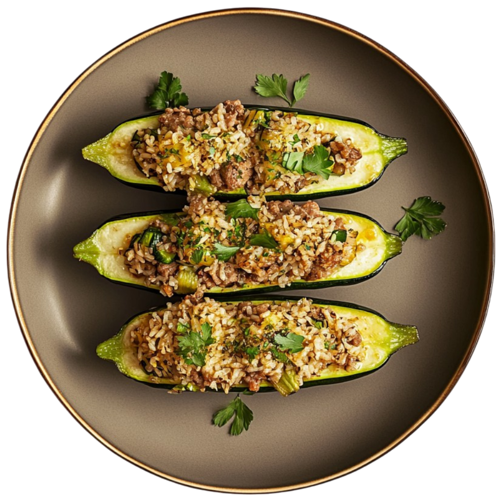 Courgettes farcies à la viande et riz aux herbes
