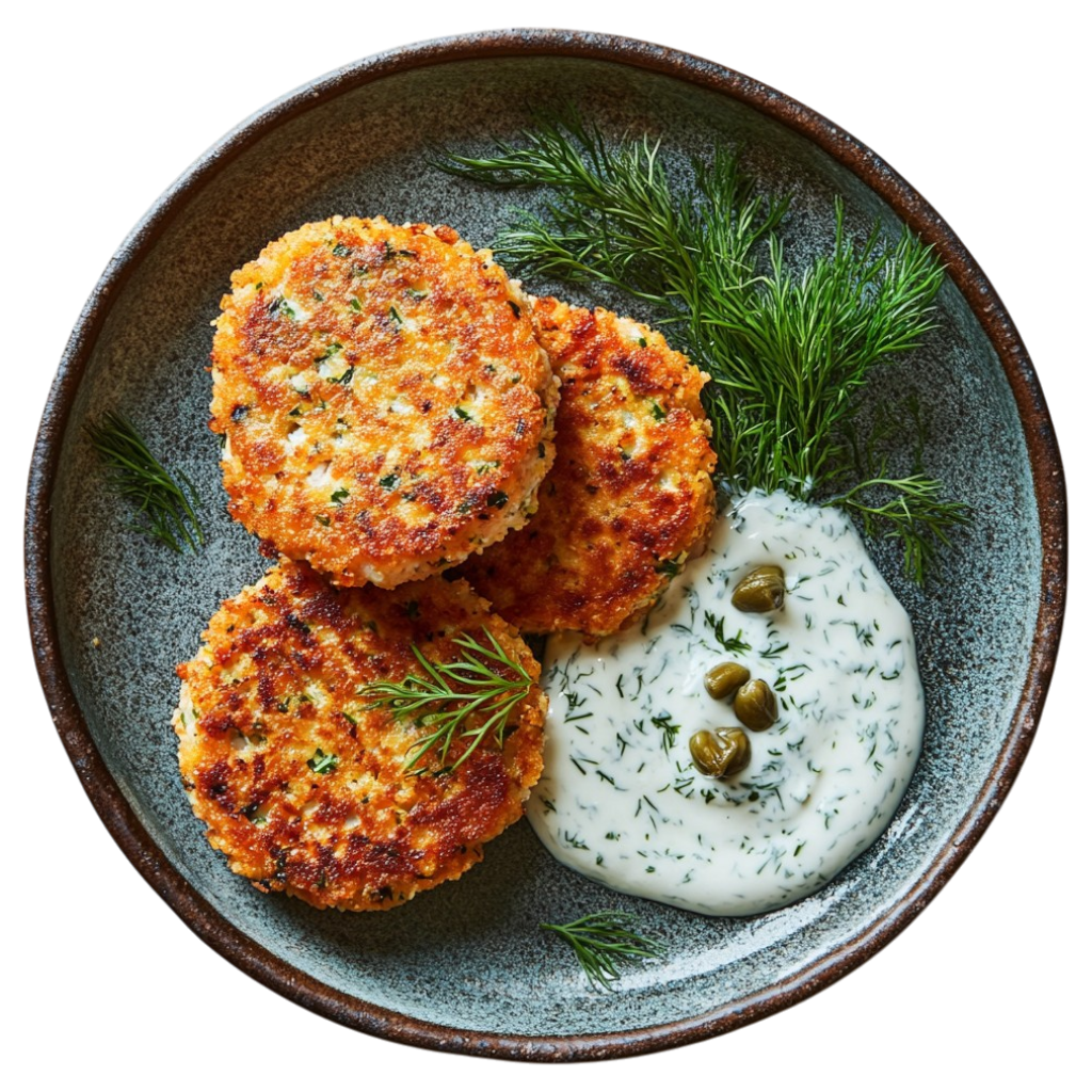 Galettes de saumon express, sauce yaourt aux herbes
