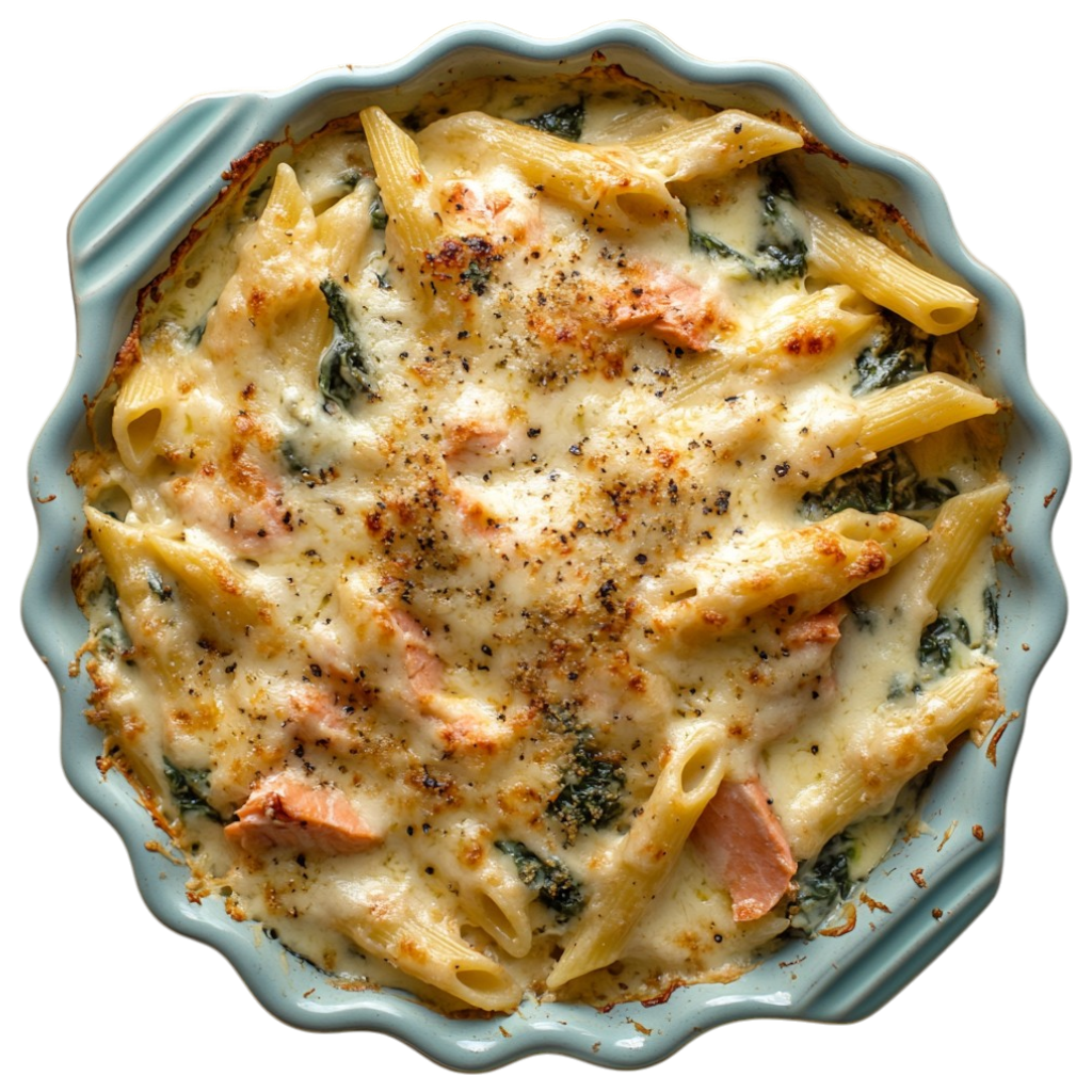 Gratin de pâtes aux épinards et saumon fumé