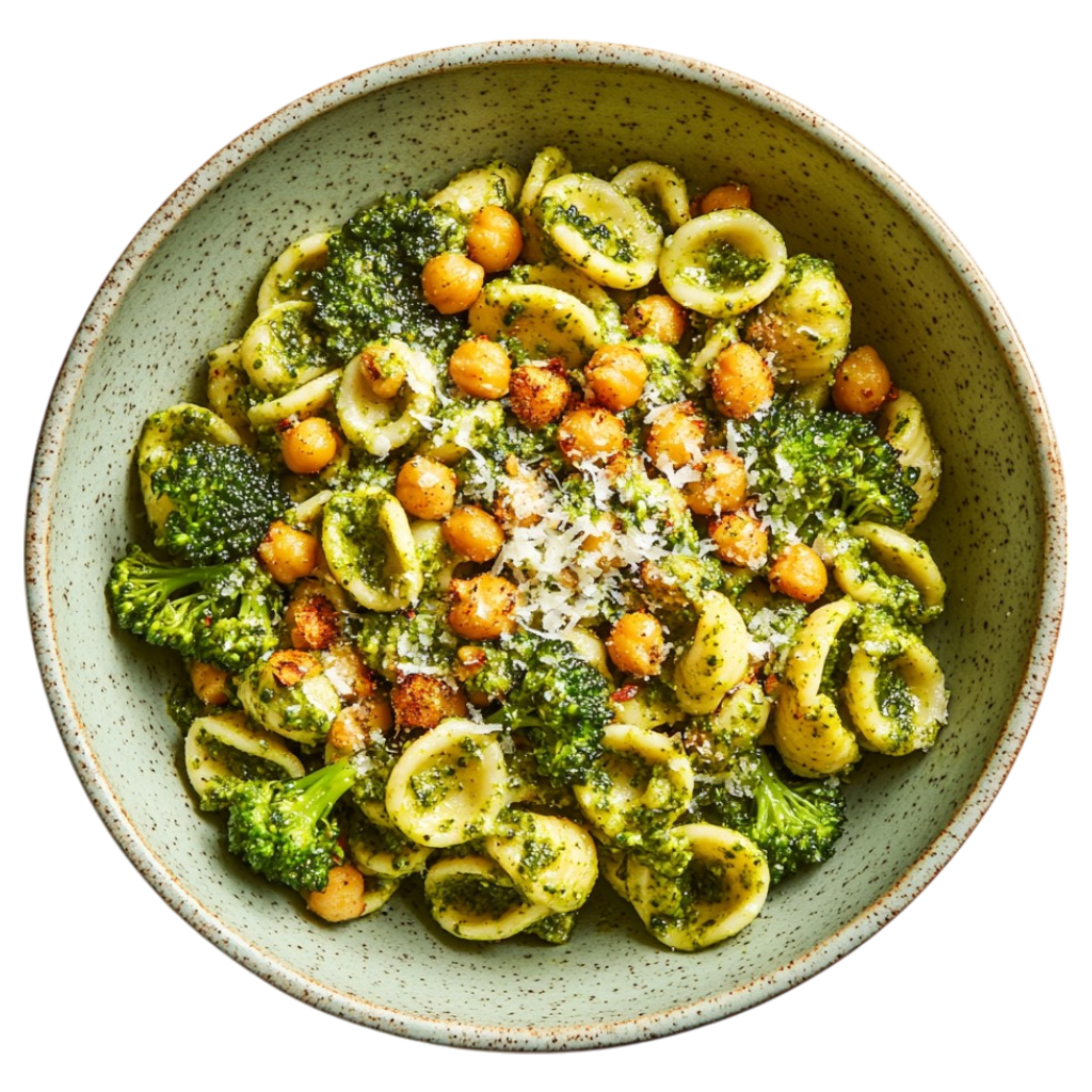 Orecchiette au pesto, brocoli et pois chiches rôtis