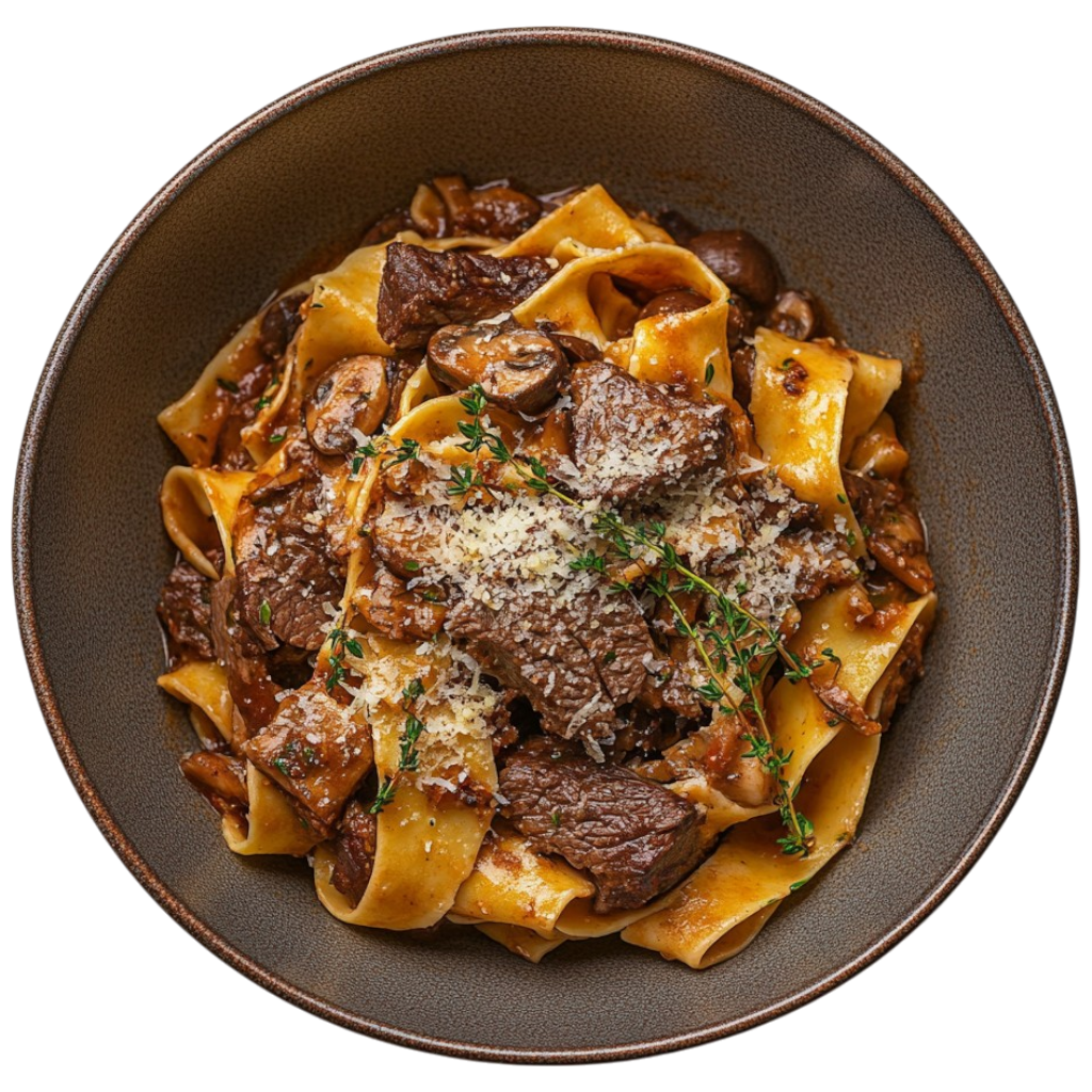 Pâtes au bœuf braisé et aux champignons