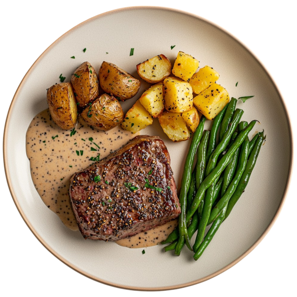 Steak au poivre, pommes de terre dorées et haricots verts au beurre